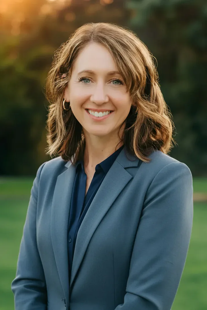 A woman with shoulder-length hair smiles while standing outside in front of a blurred green background. She is wearing a blue blazer and hoop earrings. Sunlight filters through trees.