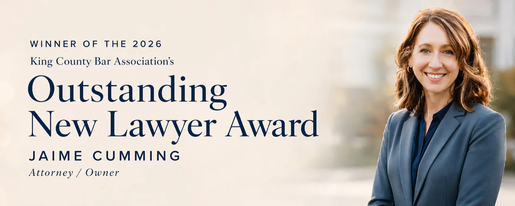 Smiling woman in a blazer outdoors beside text announcing the 'Outstanding New Lawyer Award'.