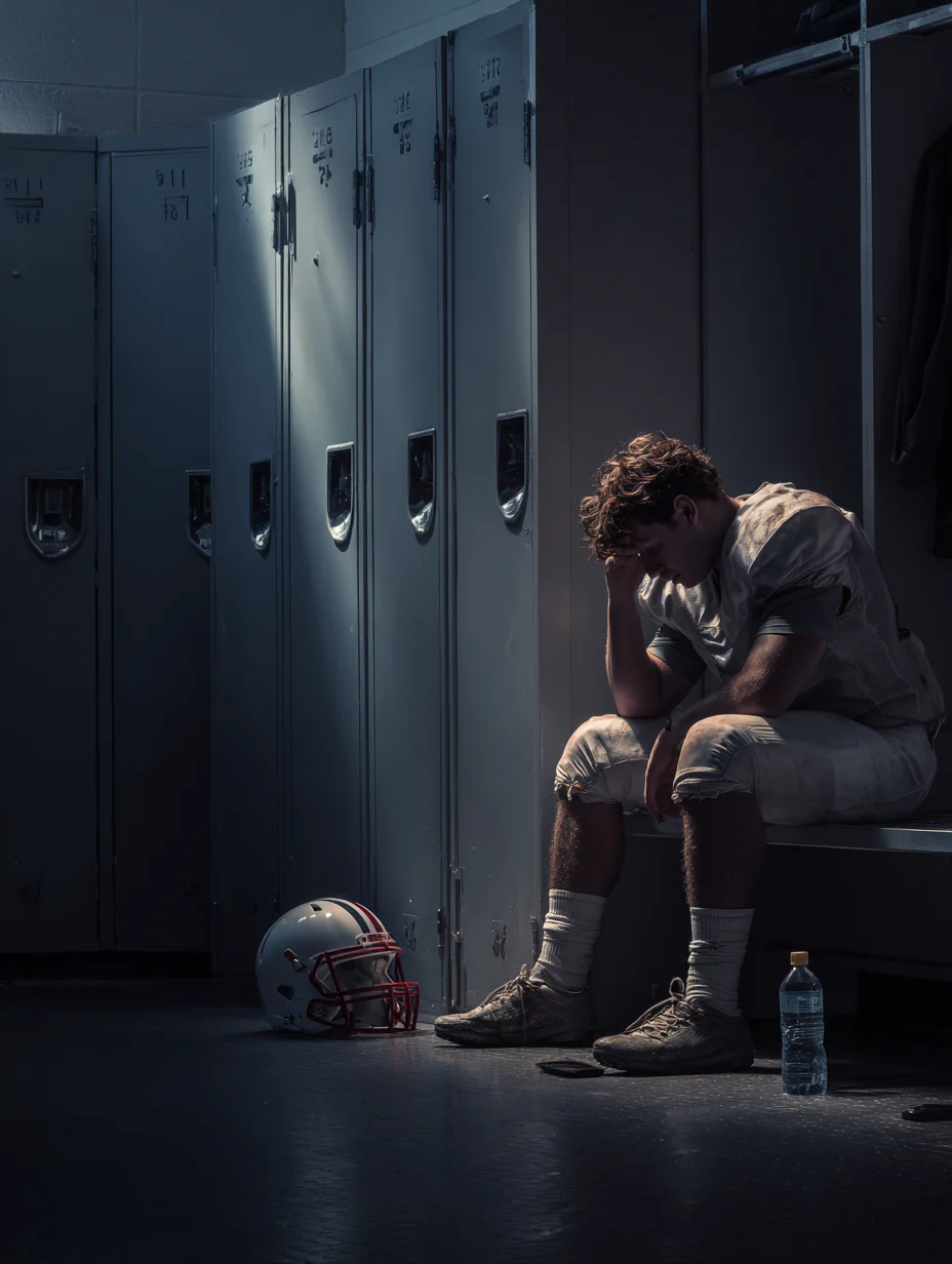 A dejected football player in a dim locker room sits on a bench with head in hand, near lockers. A helmet, water bottle, and footwear are on the floor beside him.