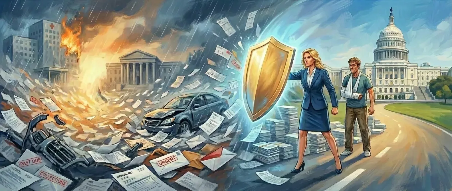 Woman in business suit holds a glowing shield protecting an injured man from flying bills and burning wreckage, with stacks of papers and the U.S. Capitol behind them