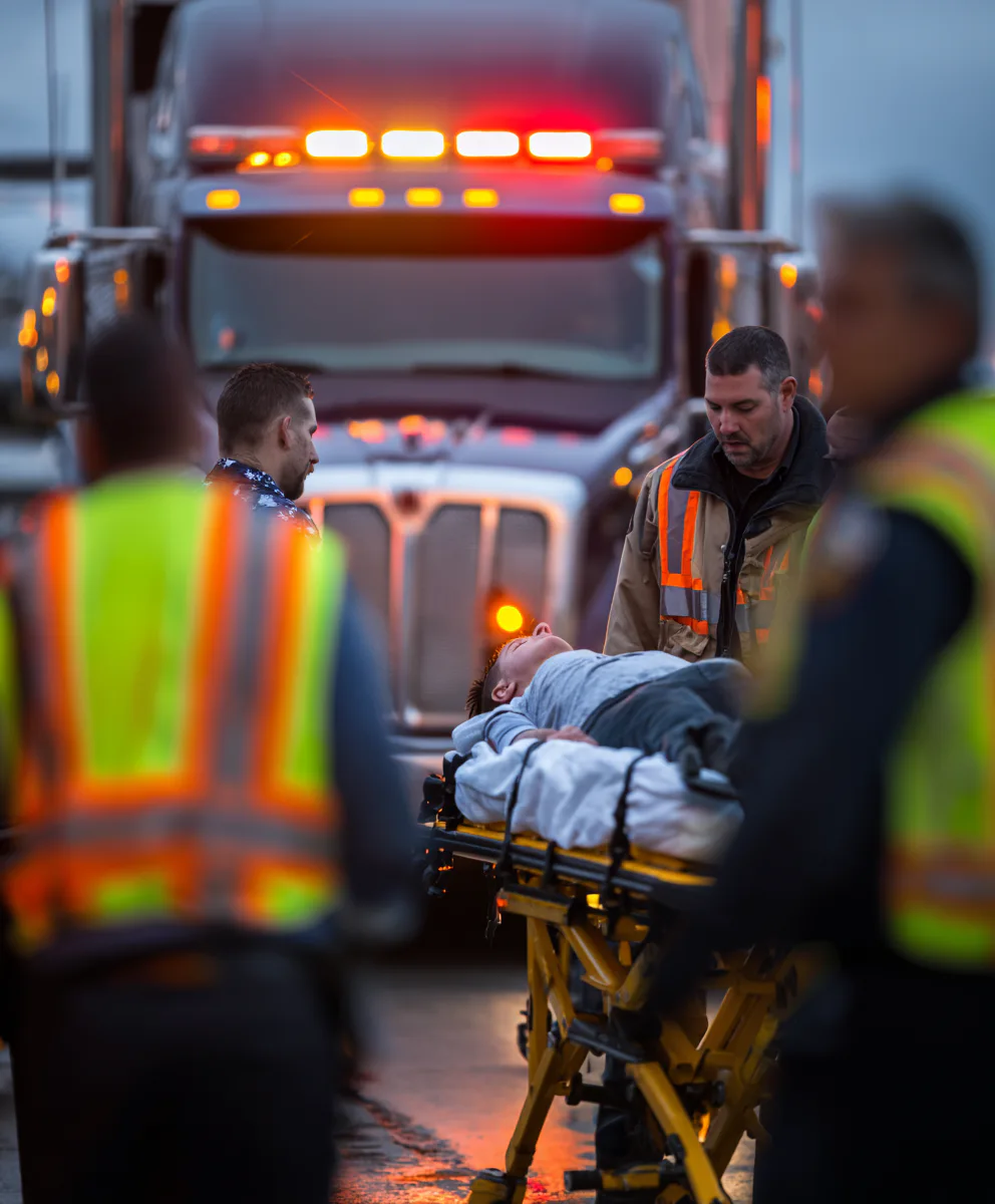 Emergency responders assist a person on a stretcher in front of a truck with flashing lights. Several people in high-visibility vests are present at the scene.