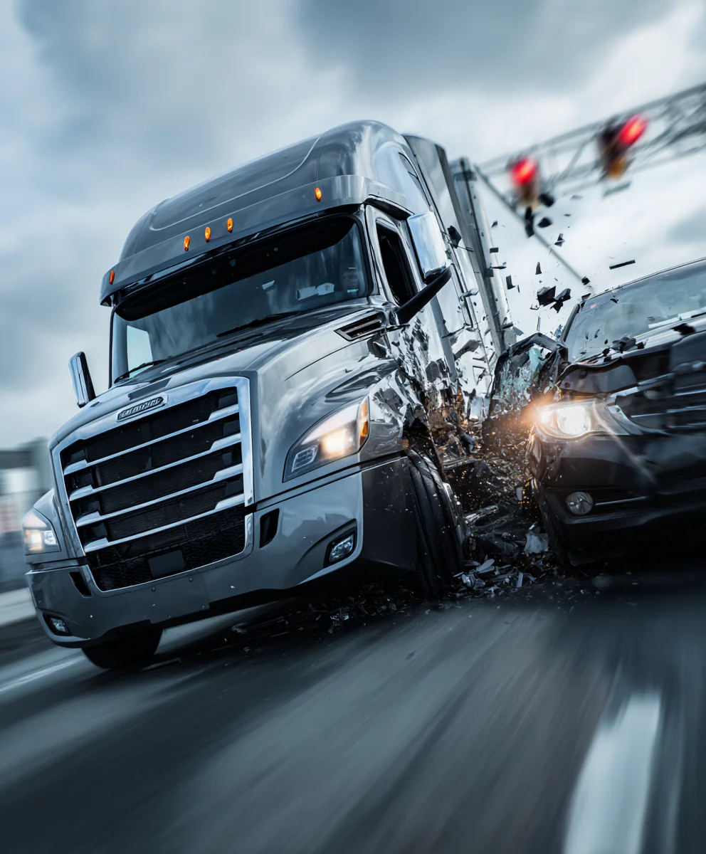 A large semi-truck collides with a car at an intersection, causing debris to scatter. The scene is captured with motion blur, and the traffic light shows red against a cloudy sky.