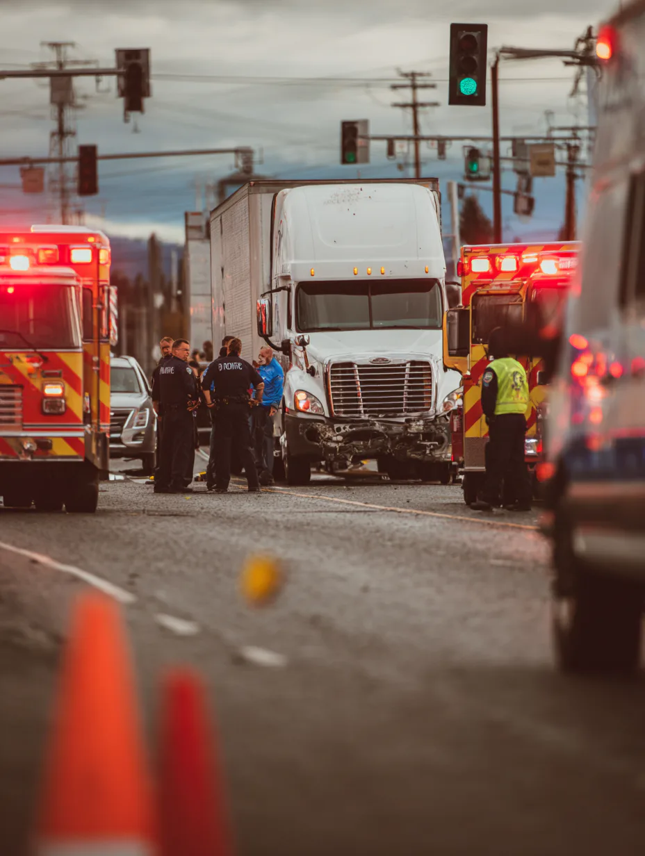 A white semi-truck involved in an accident on a city street, surrounded by police officers and emergency vehicles with flashing lights. Traffic cones and signals are visible.