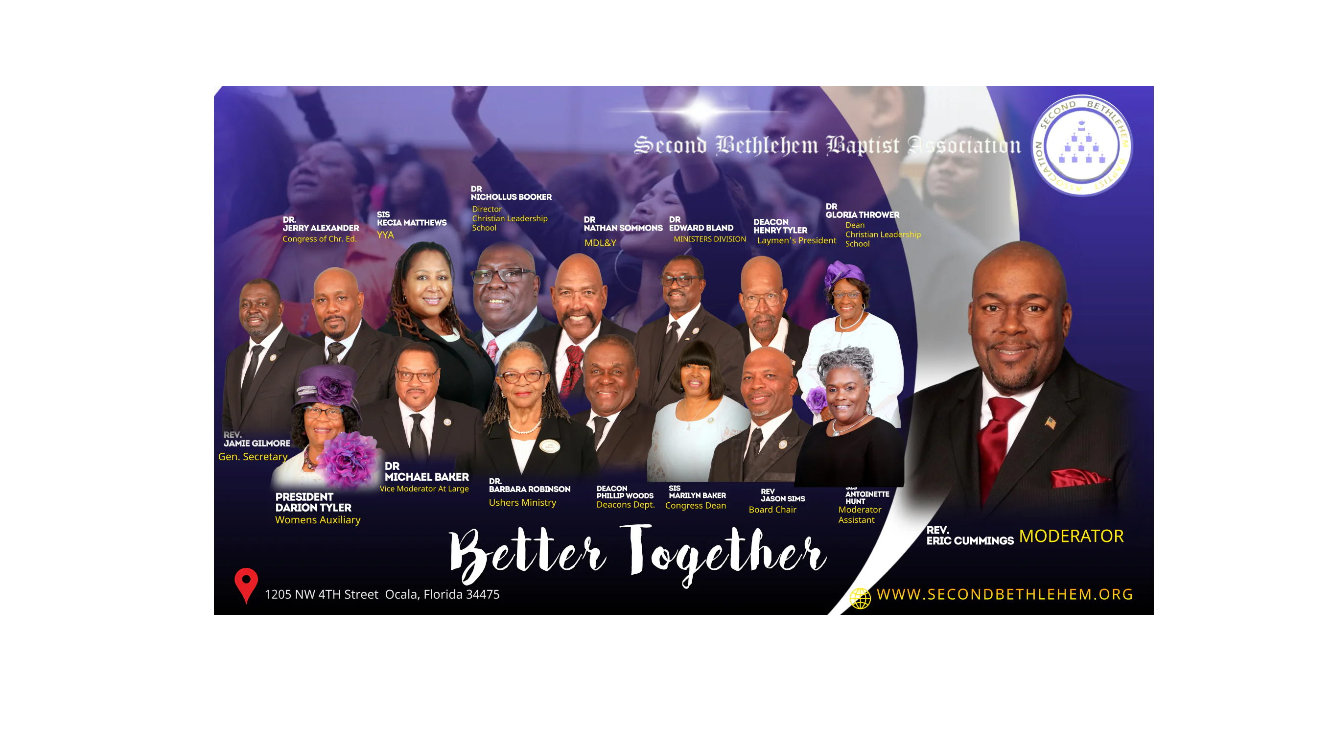 Collage of 16 diverse individuals with titles, linked to the Second Bethlehem Baptist Association. Text reads Better Together with address and website at bottom.