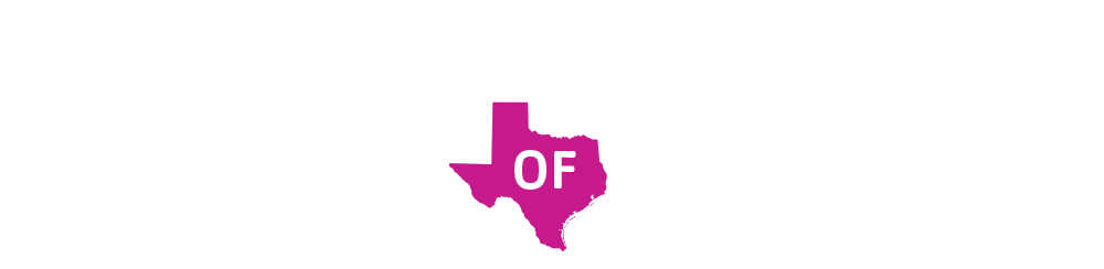Magenta Texas state outline with white letters OF centered