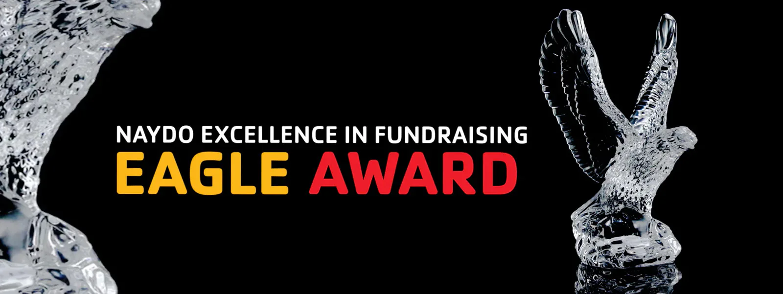 Transparent eagle sculpture with text on the left: NAYDO Excellence in Fundraising Eagle Award in white, yellow, and red letters, on a black background.
