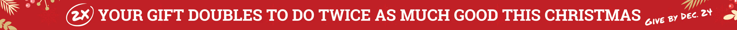 Red banner with text 2x YOUR GIFT DOUBLES TO DO TWICE AS MUCH GOOD THIS CHRISTMAS. GIVE BY DEC. 24. Illustrated with festive greenery and ornaments.