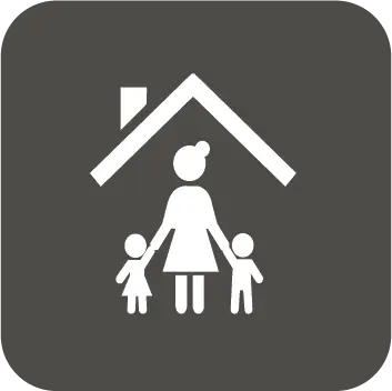 Icon of a person under a house roof holding hands with two children, one on each side, on a dark background.