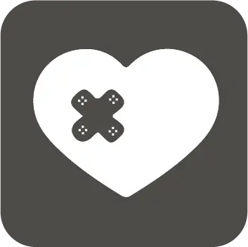A white heart with a bandage across it on a dark gray background, symbolizing healing or mending.