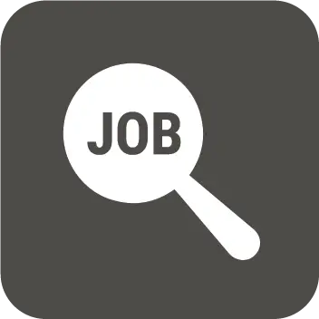 Magnifying glass icon with the word JOB inside the lens, symbolizing job search. The background is dark gray, and the icon is white.