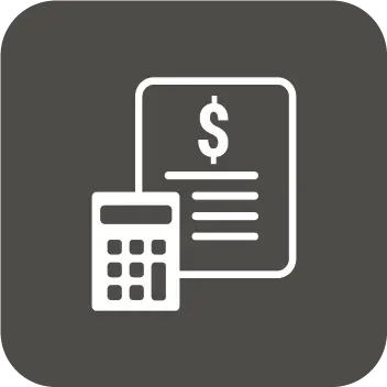 Icon depicting a calculator beside a document with a dollar sign and lines, symbolizing financial calculations or budgeting, on a dark gray background.