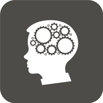 Silhouette of a human head with gears inside, symbolizing thinking or a mechanical brain, on a dark gray background.