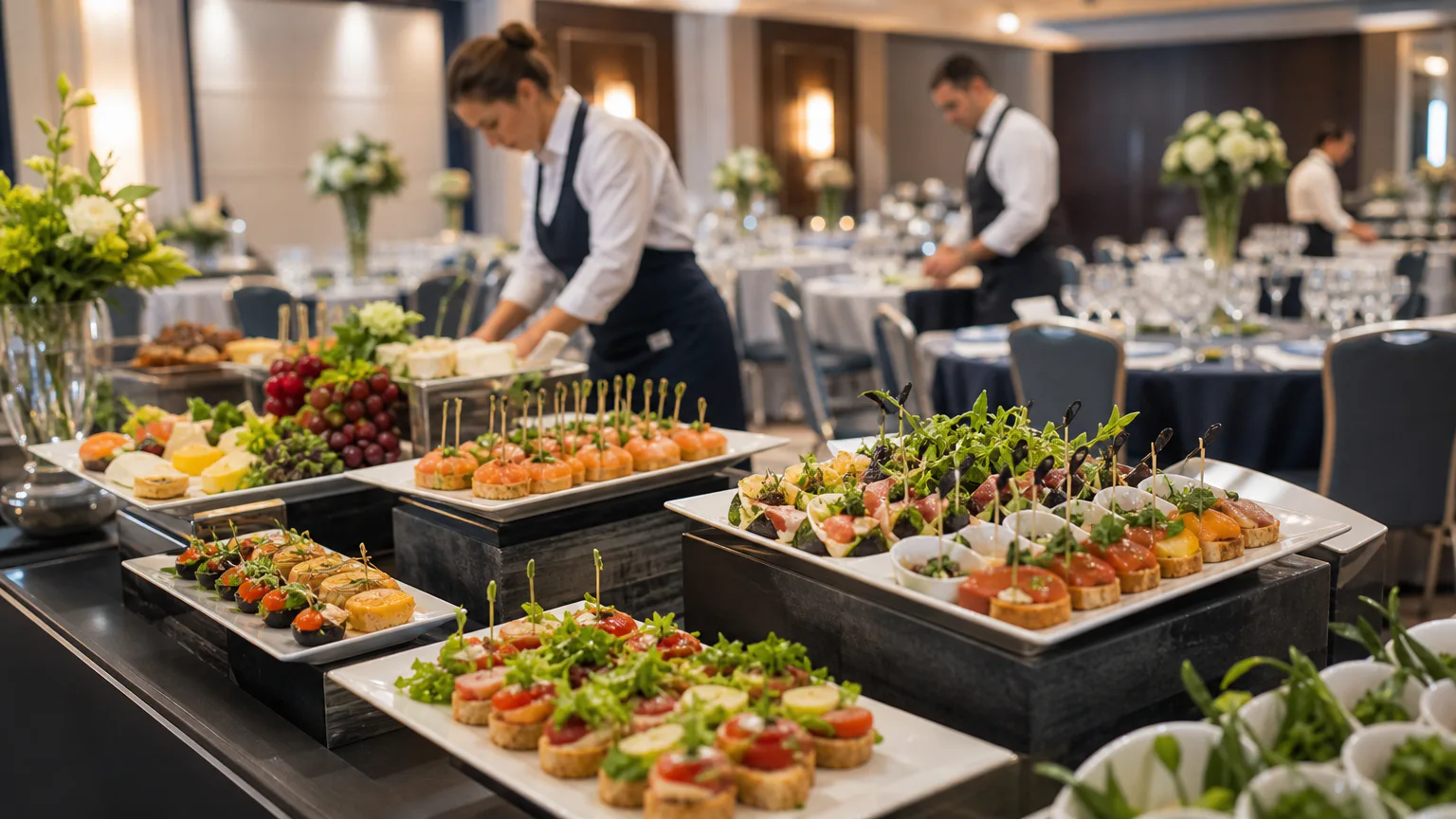 Cater4You Food and Catering visual showing high-quality plated food and professional staff preparing an event